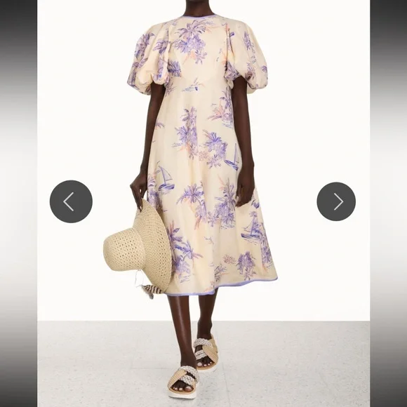 Floral Puff Sleeve Midi Dress - Cream and Purple - Picture 4 of 5